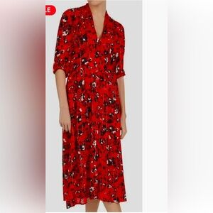 Ba&Sh Women's Red Floral Metallic Stripe Ruffle Button Midi Shift Dress SZ S